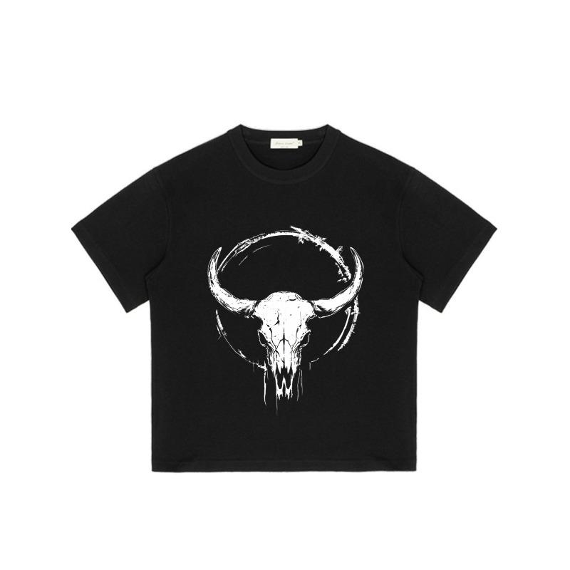 Oversized Crewneck T Shirt Black Bull Skull Graphic Print Unisex Streetwear Casual Wear