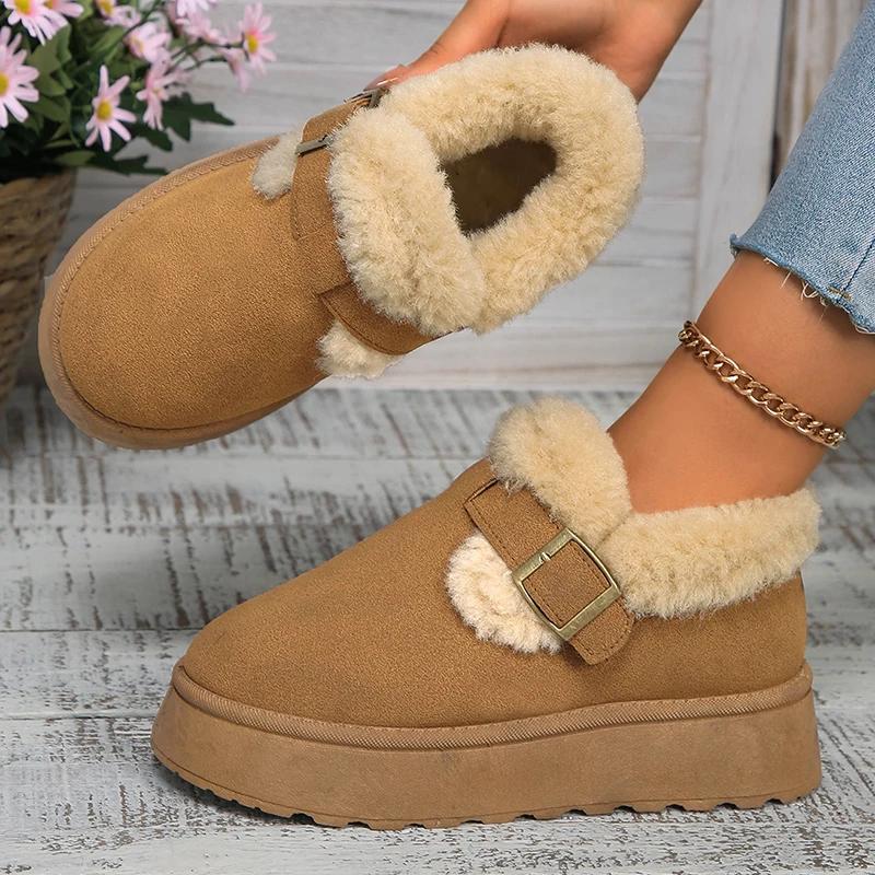 Autumn Winter Women Plush Snow Boots Shallow Buckle Thick Bottom Warm Boots Big Size 43 Suede Fur Flat Platform Cotton Shoes