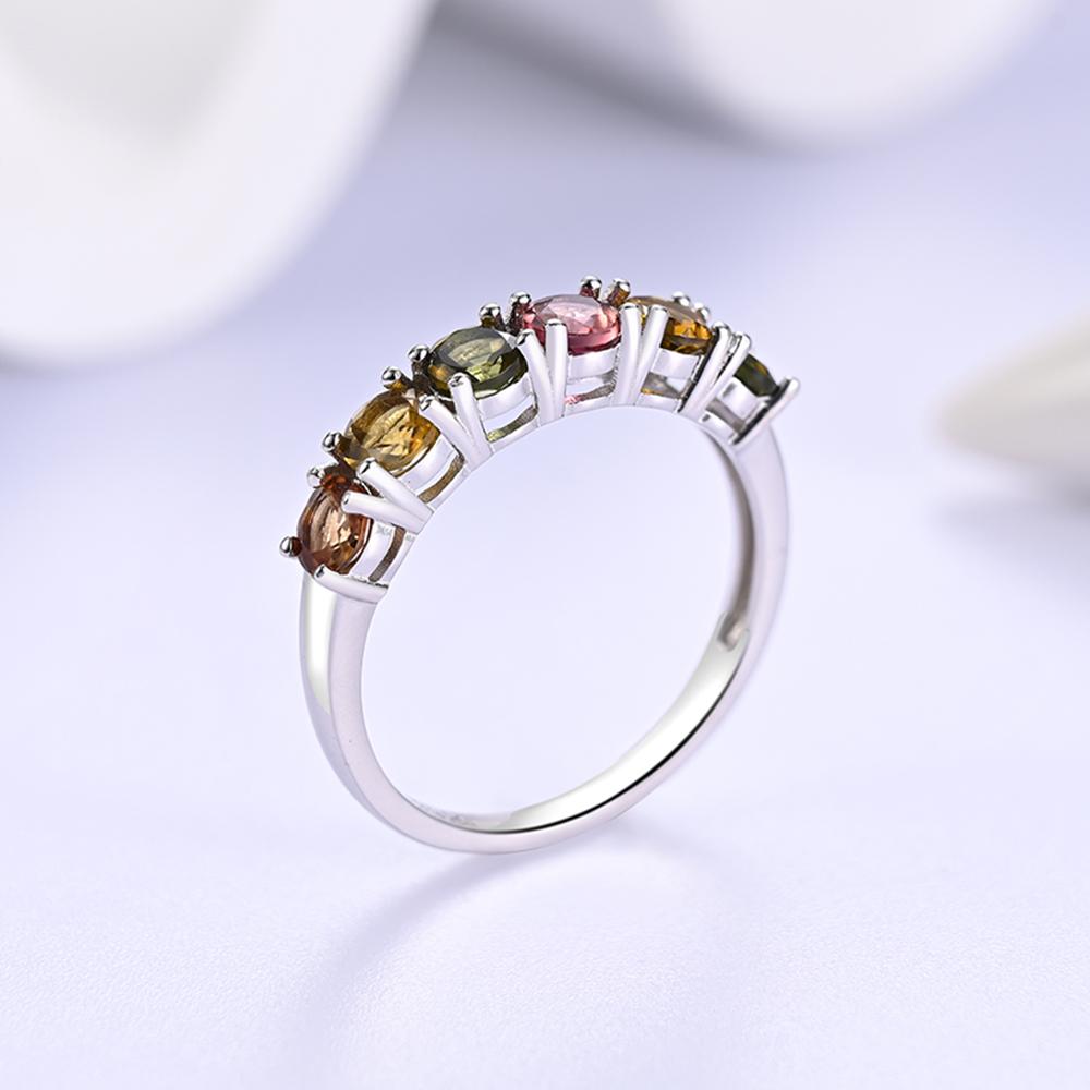 925 Sterling Silver Simple Band Ring with Round 4.0 Colorful Natural Tourmaline Gemstones Forever Elegant Design for Women