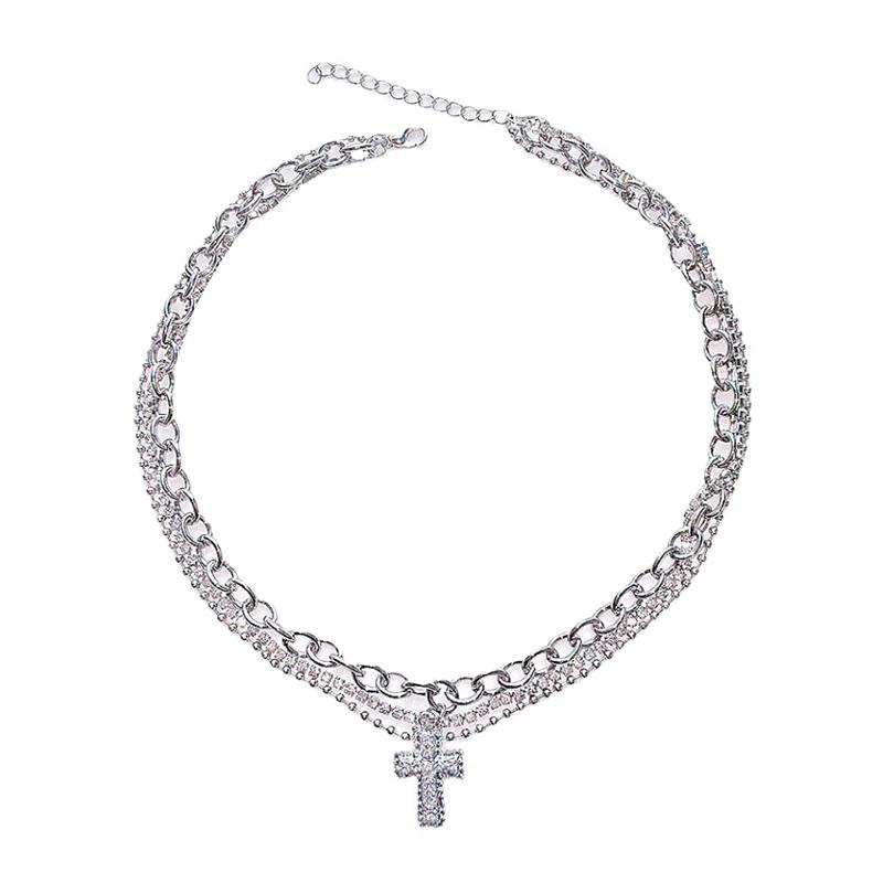 Zircon Cross Pendant Necklace Women Girl Sweet Cool Style Y2K Multi Layered Clavicle Chain Jewelry Birthday Party Accessories