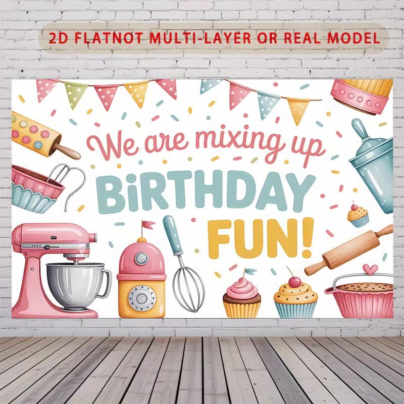 

2D Kids Baking Birthday Party Background with Mixer & Cupcake 47.2x31.5inch/120*80cm