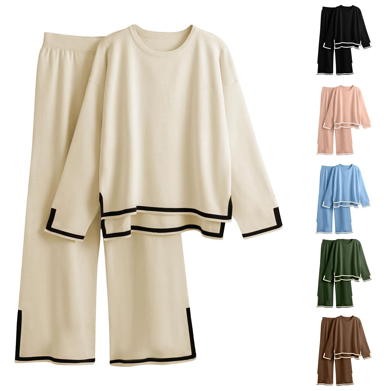 

Женский вязаный свитер из 2 предметов, пуловер с длинными рукавами, топы с эластичной резинкой на талии, широкие брюки, женский комплект