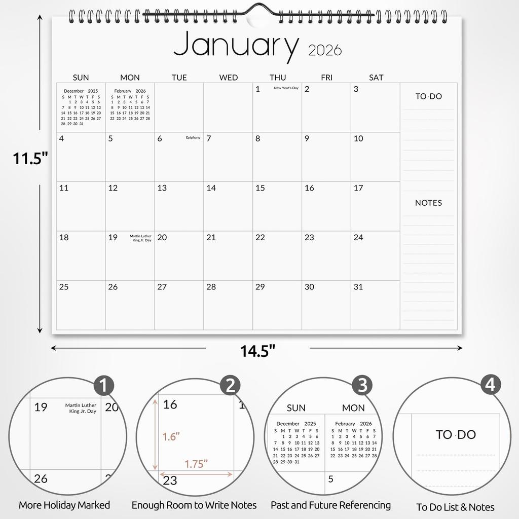 SKYDUE Wall Calendar 2026-2027, Jan 2026 to Jun 2027 18 Months 2026 Wall Calendar with Planner Stickers, 14.5" x 11", Black