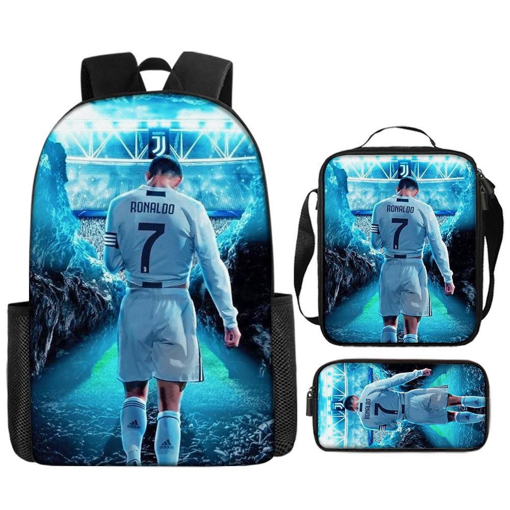 Cristiano Ronaldo Print Kids Backpack Set 3-Piece Cartoon Schoolbag for Primary Students Lightweight Durable Large Capacity Backpack