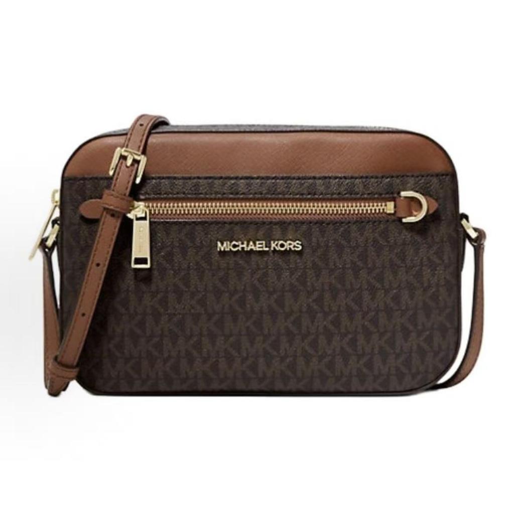 Michael Kors Mk Jet Set Monogram Logo Chain PVC Leather Camera Bag Women Shoulder Bag Caramel Acorn 35S1GTTC9B-BROWN