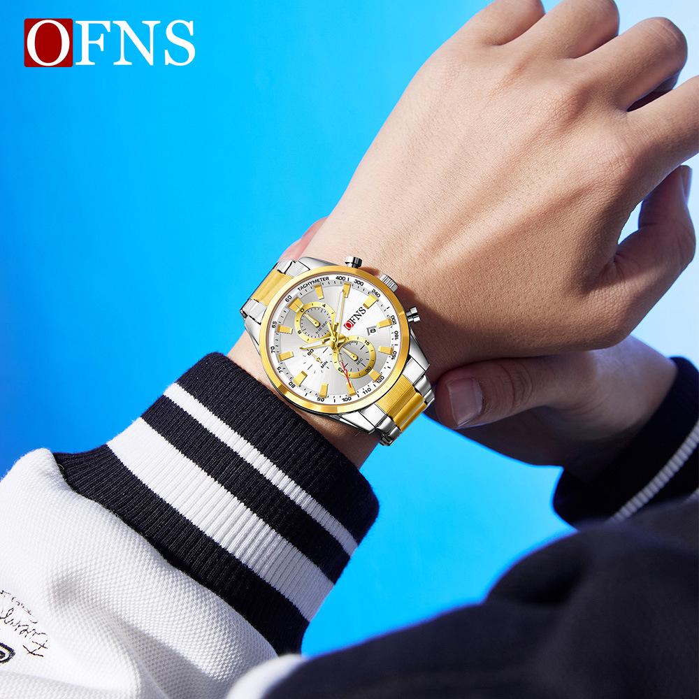 OFNS Cross-Border Men's Multifunctional Luminous Watch with Calendar and Sunburst Dial, Three Eyes, Six Hands, Waterproof.