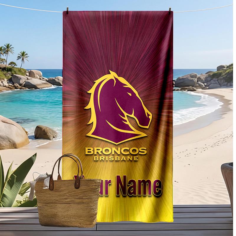 Brisbane Broncos Custom Beach Towel, Print Your Name Text Lightweight Absorbent Towel for Swimming Travel
