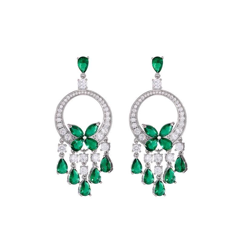 High-end Micro-inlaid Zircon Green Butterfly Fringed Heavy Industry Earrings French Light Luxury Dress Accessories