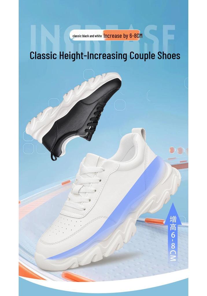 Men's Hidden Height Sports Casual White Cowhide Shoes, Low-Top, Thick Sole for Spring.