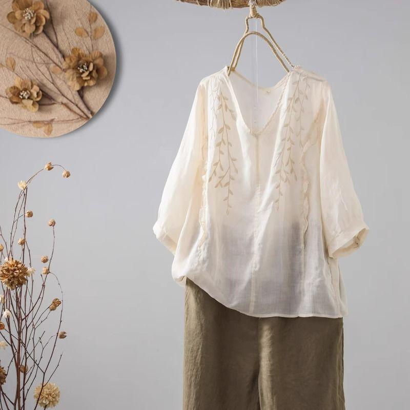 Женский летний вышитый топ из хлопка и льна - свободный, ретро, этнический стиль, рубашка 3XL (150-165 jin)