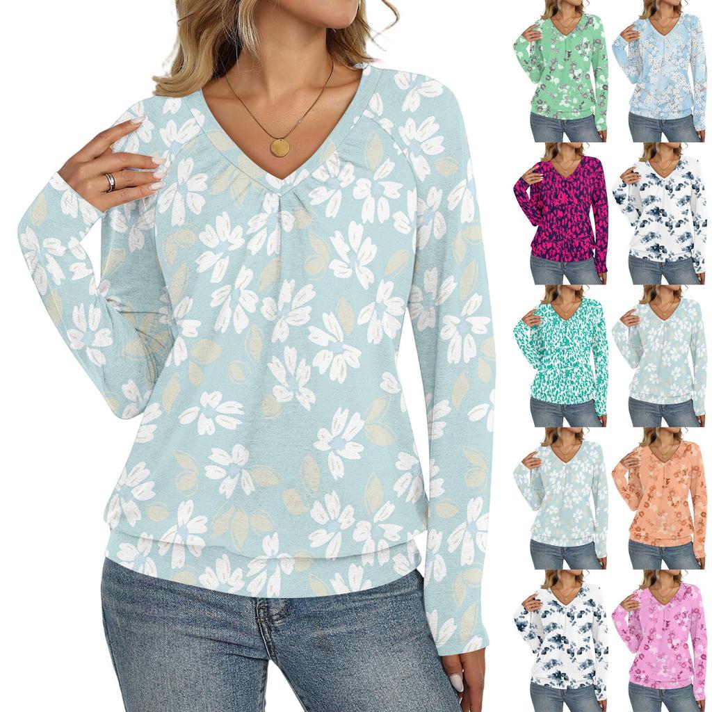 Women's Casual Fashion V-Neck Raglan Pleated Floral Print Long Sleeve Top