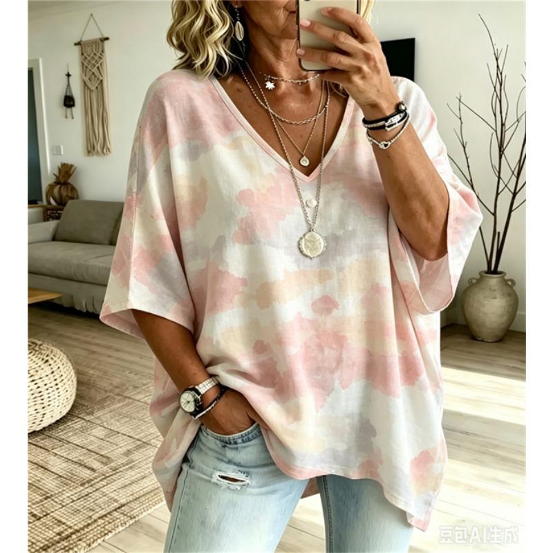 T-shirt da Donna Taglie Forti Scollo a V Maniche a Pipistrello Stampa Etnica Boemia Top Largo Estivo Comodo Traspirante Quotidiano Casual Stile Modellante
