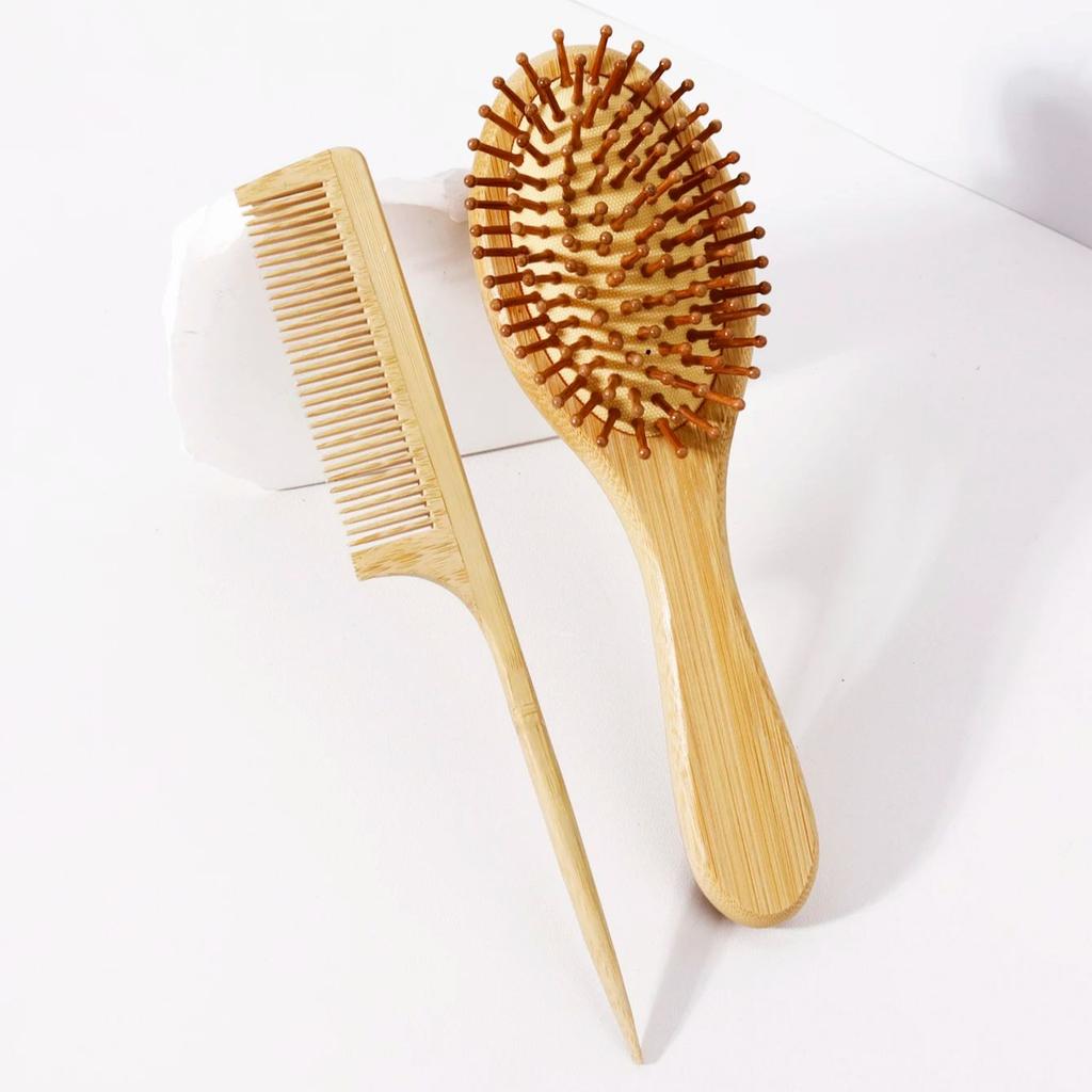 2-teiliges Bambuskamm-Set, ovaler/quadratischer Bambus-Luftkissenkamm, Bambus-Stielkamm, antistatischer Haarkamm, speziell für Echthaarperücken