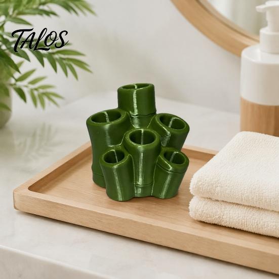 Modern Vanity Accessory Toothbrush Holder, Green Bamboo Shape, 6 Slot Storage Tongue Scraper Rack Organizer, for Bathroom Countertop Razors And Makeup