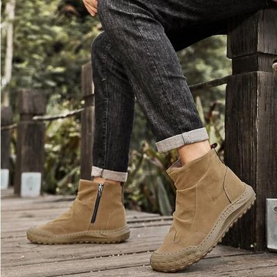 Men's Boots High Cut Workwear Shoes Autumn Flat Zipper Pleated Non Slip Comfort Thick Soled Wear-resistant Boots