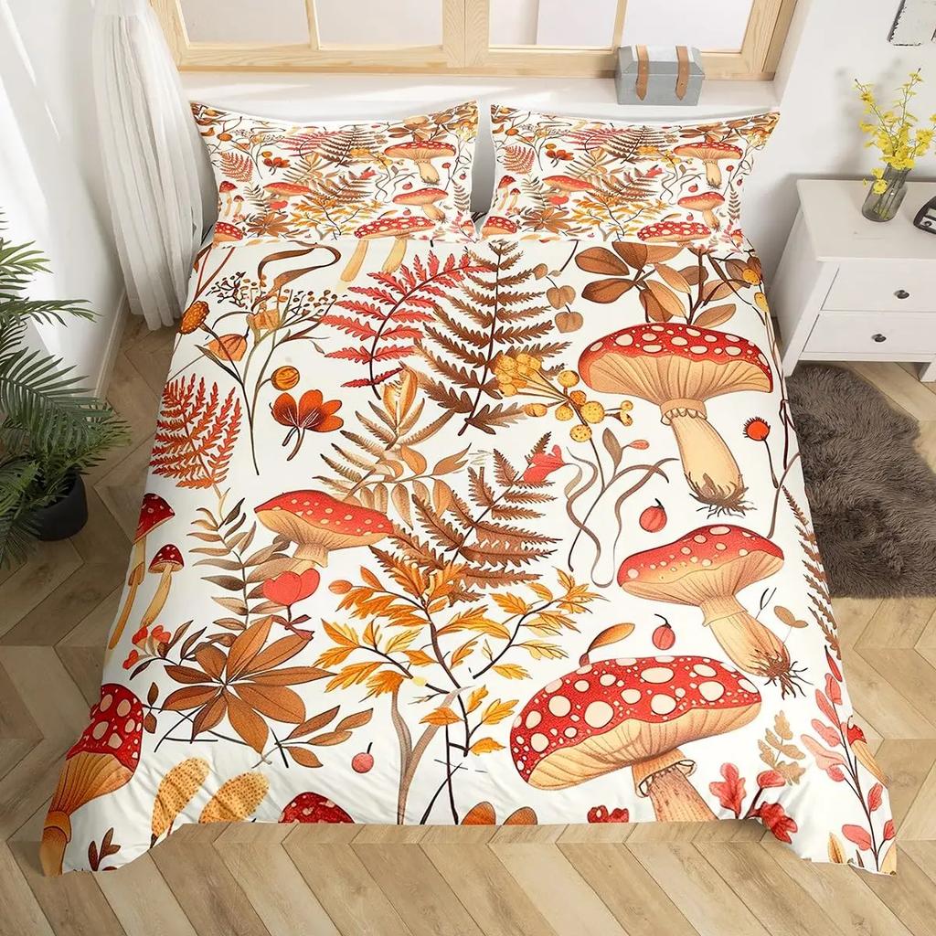 Comforter Cute Mushroom Bedding Set King Queen Size Botanical Comforter Wild Fungus Colorful Plants Leaves