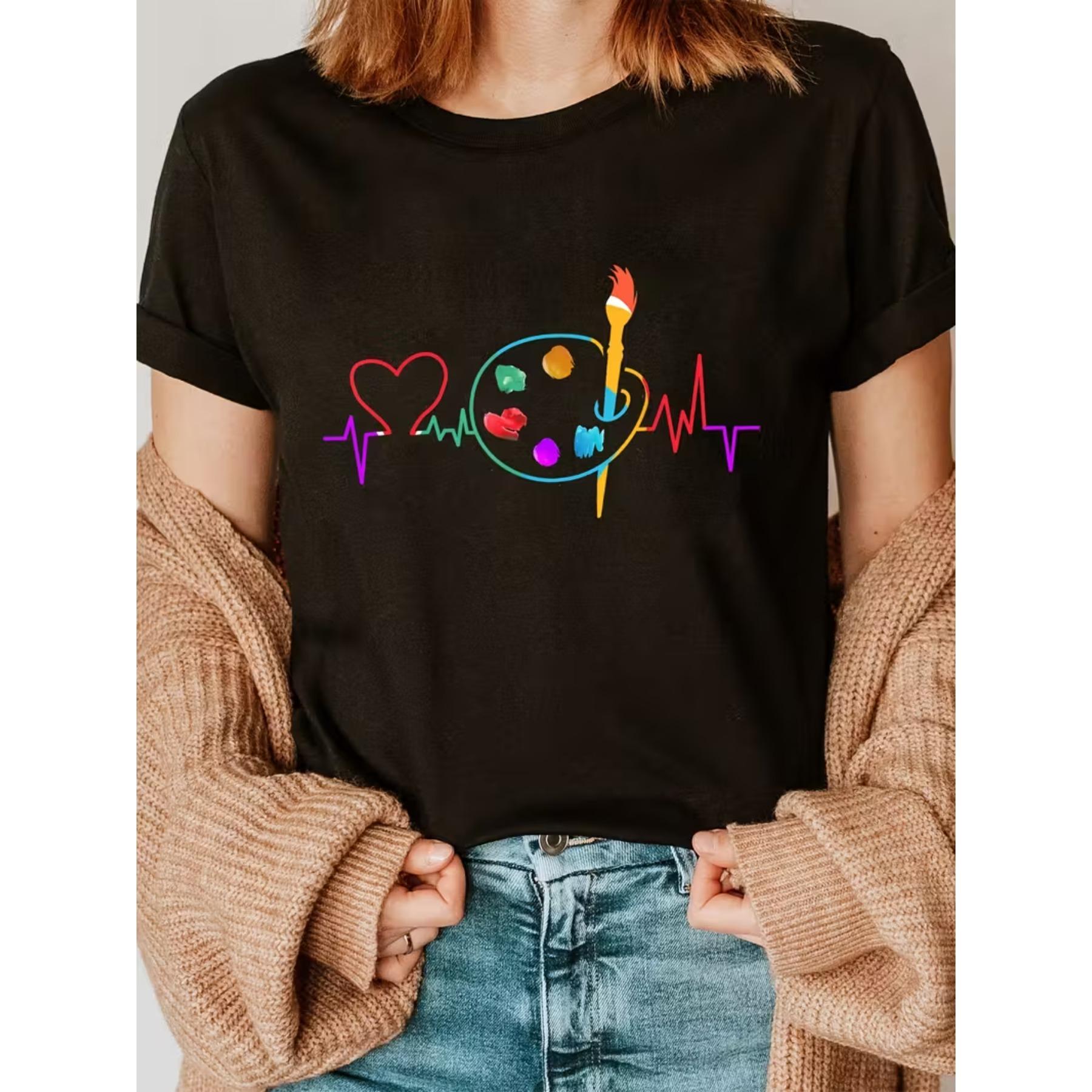 

Paintbrush Print Crew Neck T-Shirt, Casual Short Sleeve T-Shirt for Spring & Summer, Women s Clothing XXL чорний