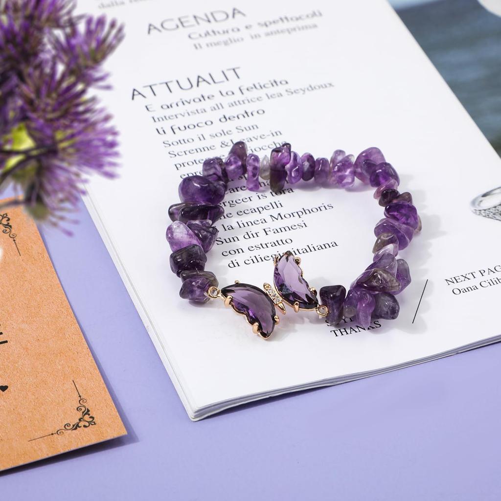Fashion Trendy Anniversary Amethyst Gravel Cute Butterfly Natural Stone Crystal Elastic Beaded Low Price Bracelet Versatile