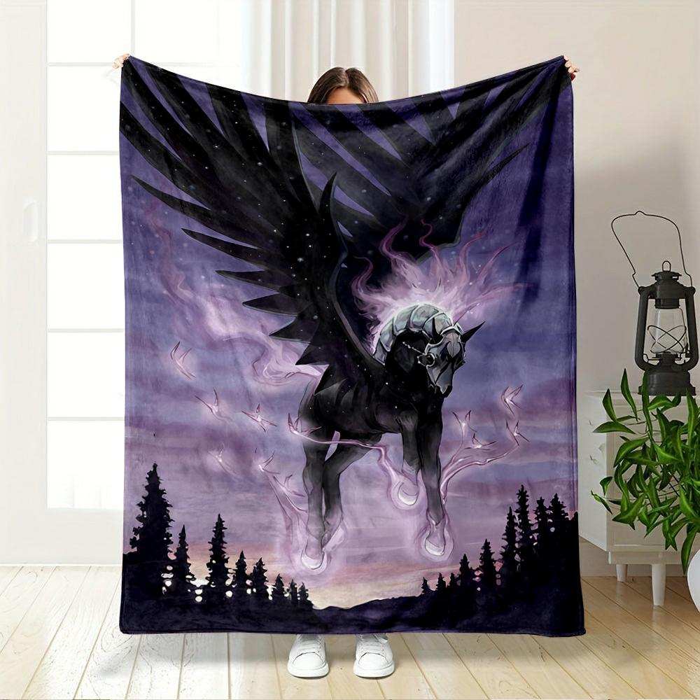 Mystical dark-winged horse with glowing aura Flannel blanket for bedroom, living room, sofa, and nap sofas