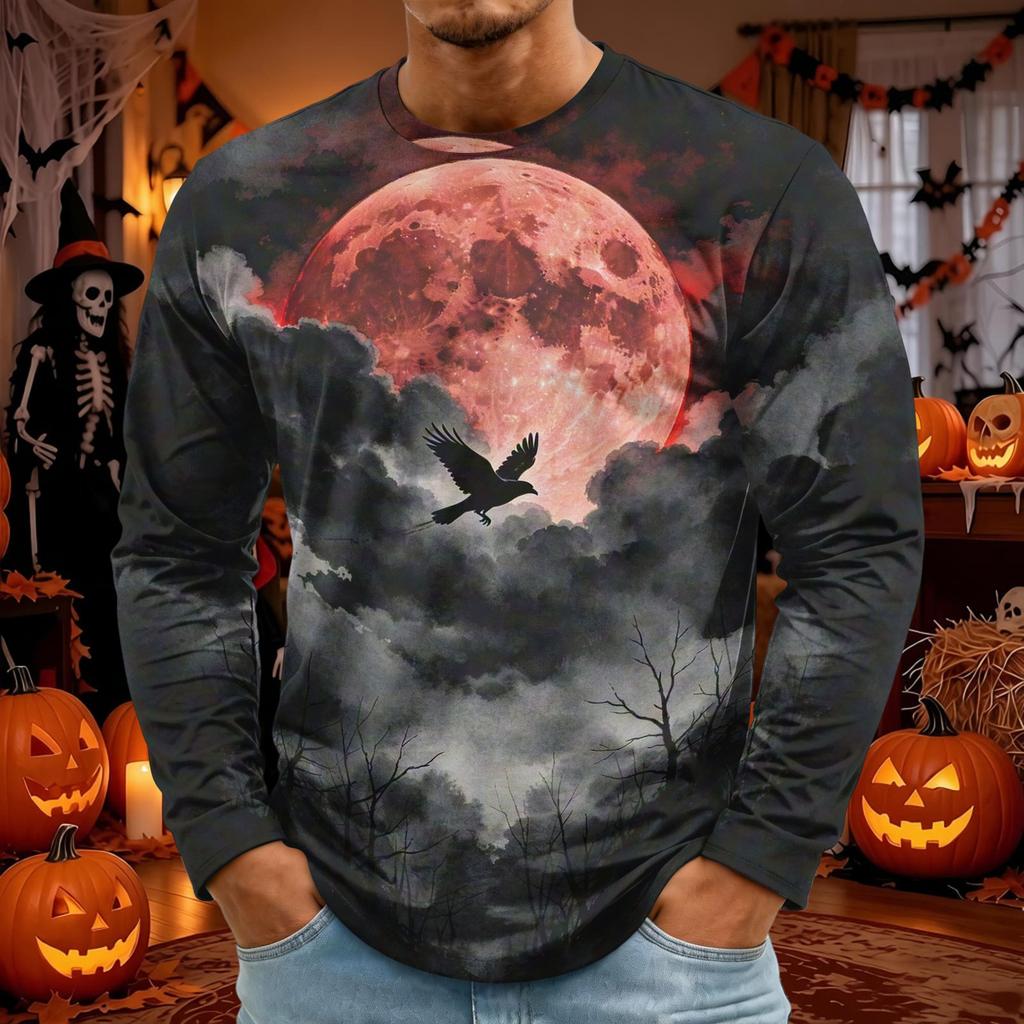 Men's Halloween Print Long Sleeve Neck T-Shirt for Holiday Party