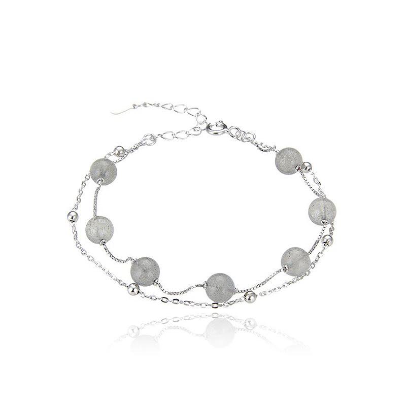 S925 Sterlingsølv Krystall Månestein Dobbeltlags Armbånd Koreansk Stil Skoggrå Månelys Kule Armbånd