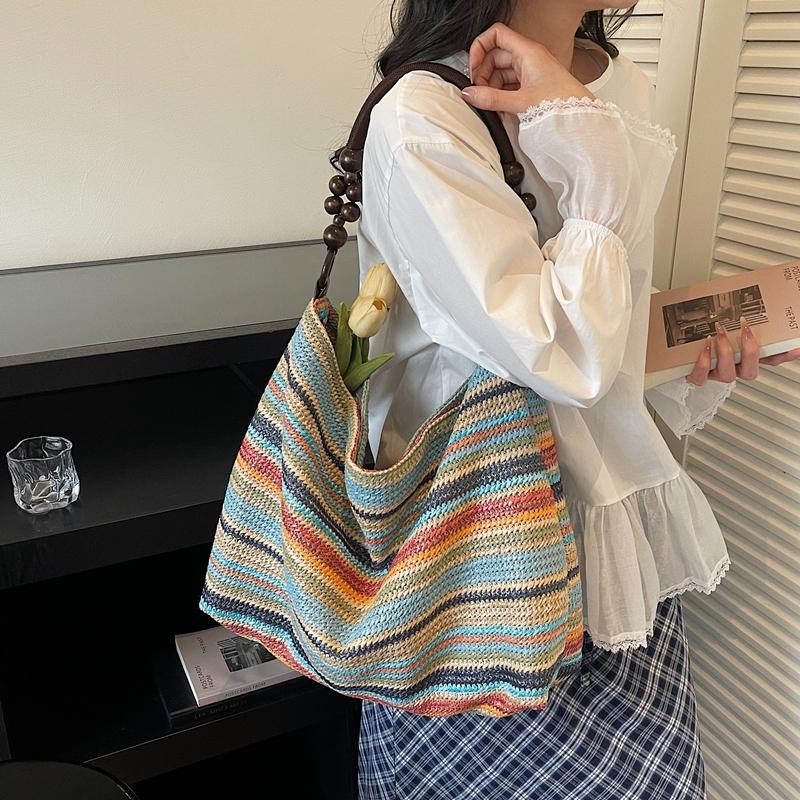 Seaside Vacation Colorful Straw Bag Women's Large Capacity Commuting Shoulder Tote Bag