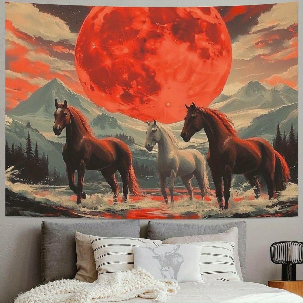 

Stunning Western Horse Tapestry Peach Light Beige Velvet Wall Hanging with Majestic Mountain Moonlit Forest Scene Vibrant 74x94cm(29x37in)