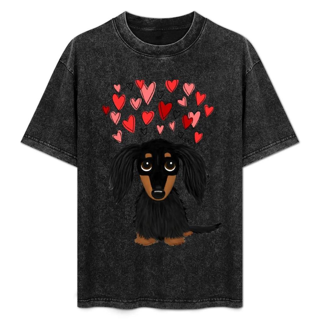Black and Tan Longhaired Dachshund with Hearts T-Shirt cute clothes korean Fashion oversized t shirts for men