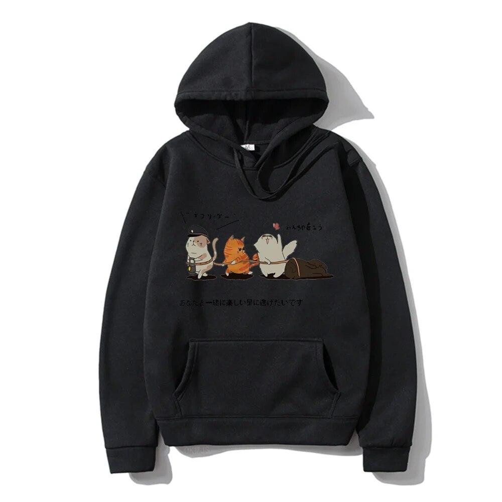 Men Hip Hop Unisex's Hoodies Streetwear Japanese Kanji Harajuku Funny Cat Unisex Hoodies Sweatshirts Autumn Winter Oversized Clothing