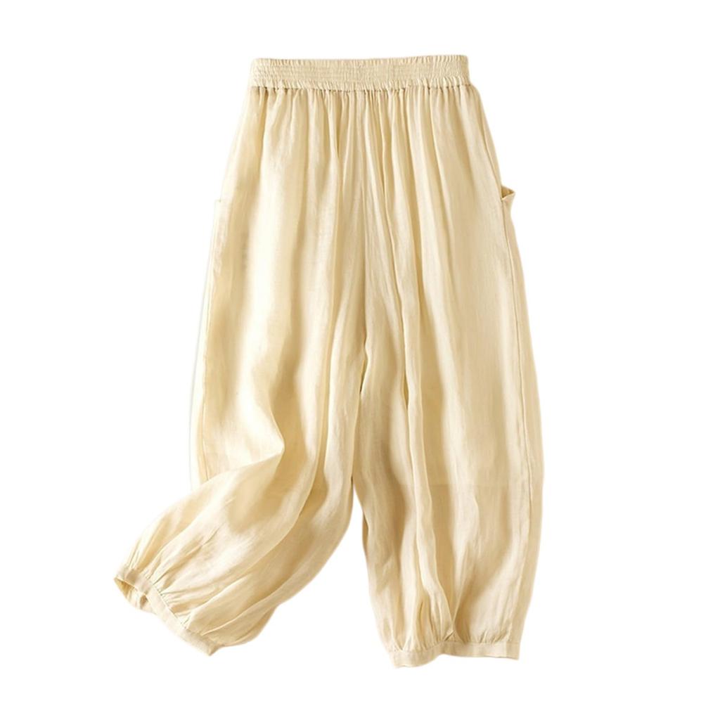Womens Baggy Cotton Linen Pants Elastic Waist Casual Loose Summer Beach Vacation Pants