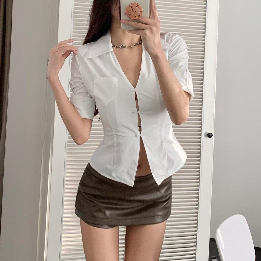 White V-Neck Slim-Fit Women's Sexy Short-Sleeved Shirt