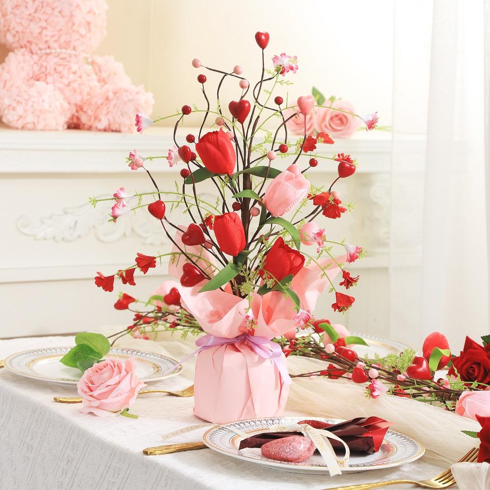 Red Artificial Tulip Flowers Compact For Table Centerpiece for Indoor Decoration Living Room and Dining For Table