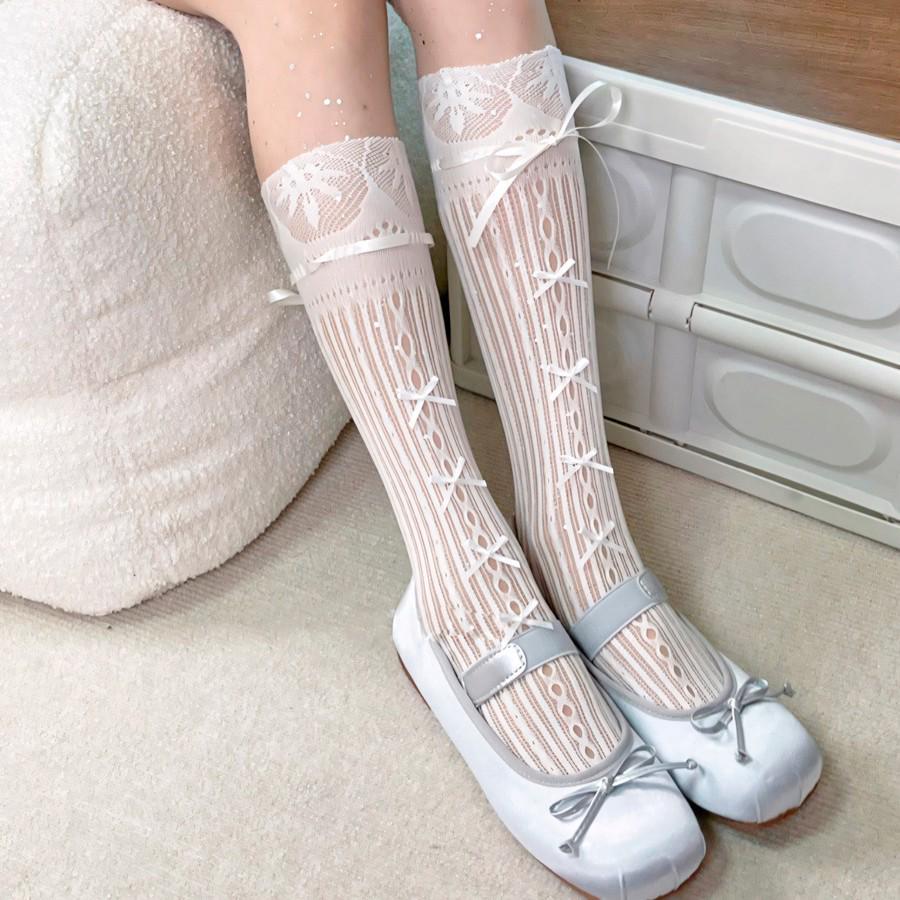 Süße Ballett-Spitzensocken für Mädchen mit Schleife – Weißes Netzmuster
