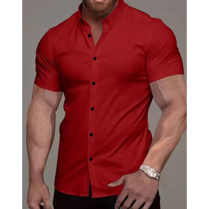 Men Slim Fit Short Sleeve Mandarin Collar Shirt Button Down Casual Business Top