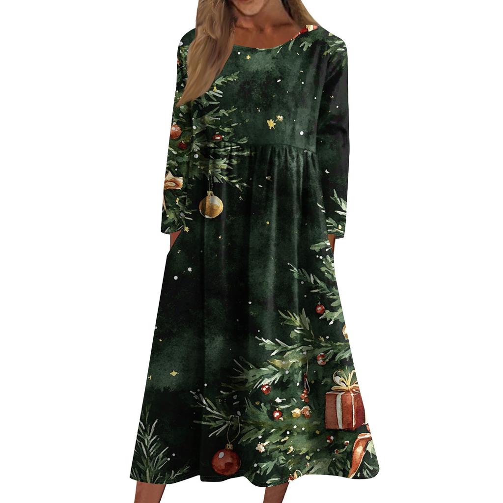 Women's Casual Crew-neck Christmas Print Mid-length Dress Long-sleeved Dress With Pocket