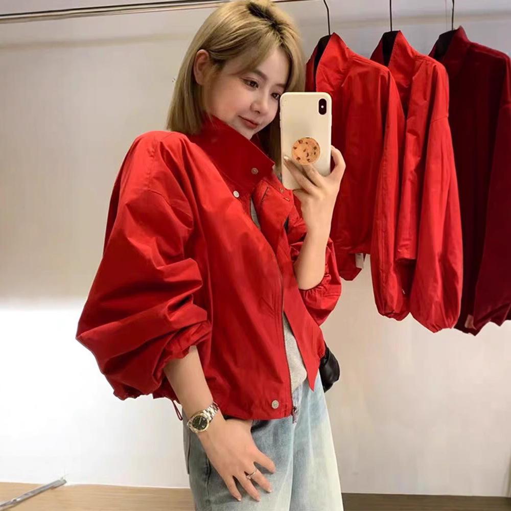 Evropská jarní 2025 dámská petite volného střihu bunda větrovka se stojáčkem a stahovací šňůrkou pro ochranu před sluncem