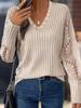 Lace Spliced Long Sleeve Elegant Blouse 2026 Autumn Women's V-Neck Ribbed Knitted Lace Top Slim Base Layer Solid Color Blouse Loose Sweet Clothes