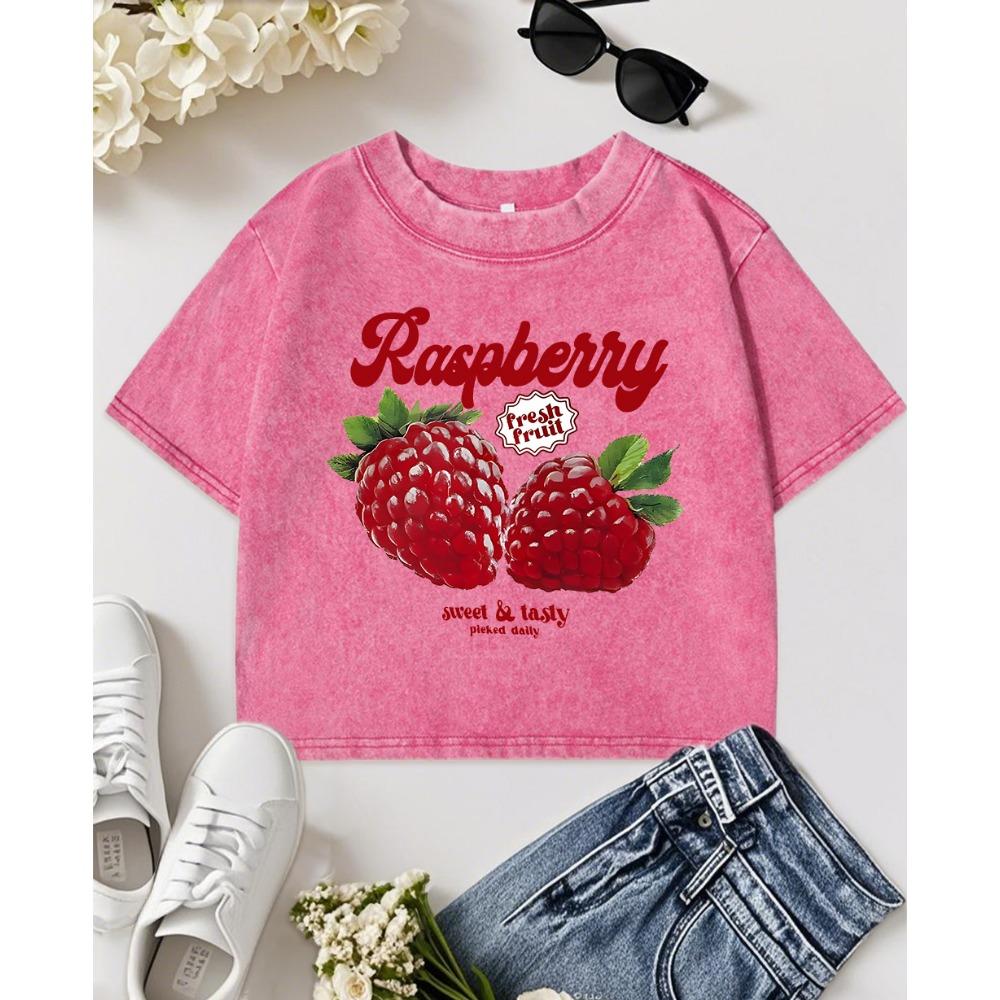 Fresh Raspberry Fruit Sweet Tasty Picked Daily Print Women Washed T-Shirt Slim Y2K Clothes Summer Cotton Top T Shirt