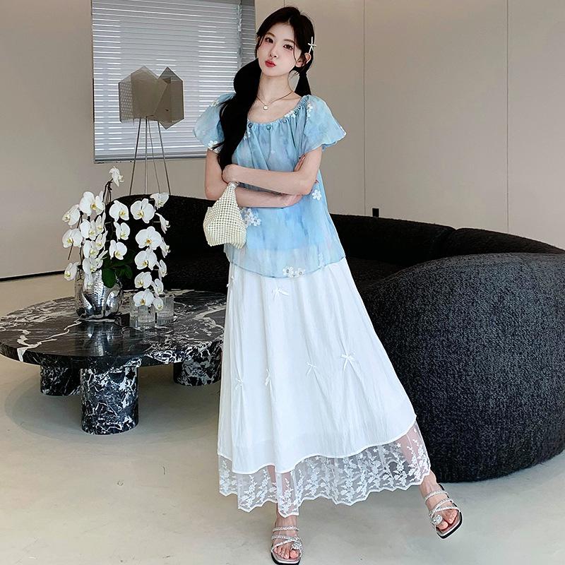 Maternity Blue Embroidered Top & White Skirt Summer Set M