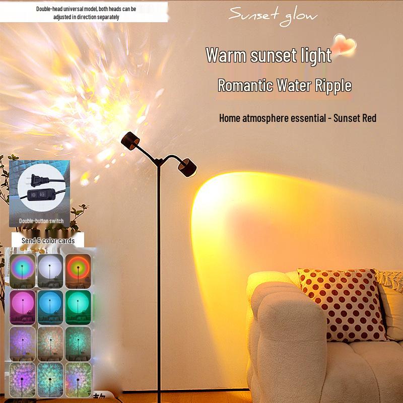 Ripple Atmosphere Light: Sunset Projection Dual-Head Floor Lamp for Living Room 