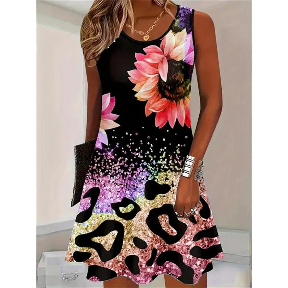 Fashion Floral 3D Printed Pattern Women Mini Dresses Summer Sleeveless Beach Casual Comfortable Soft Breathable Dress