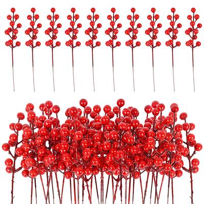 5-30pcs Artificial Red Berries Stem Christmas Red Holly Berry Stamen Fake Flowers Plants Ornament New Year Party Home Decoration