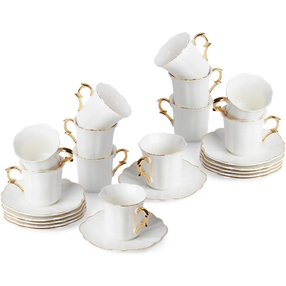 

Чашки и блюдца для эспрессо, 2,4 унции, Набор из 12 штук, Золотой ободок, Чашки для эспрессо демитас, Фарфоровые чашки для эспрессо с блюдцем other