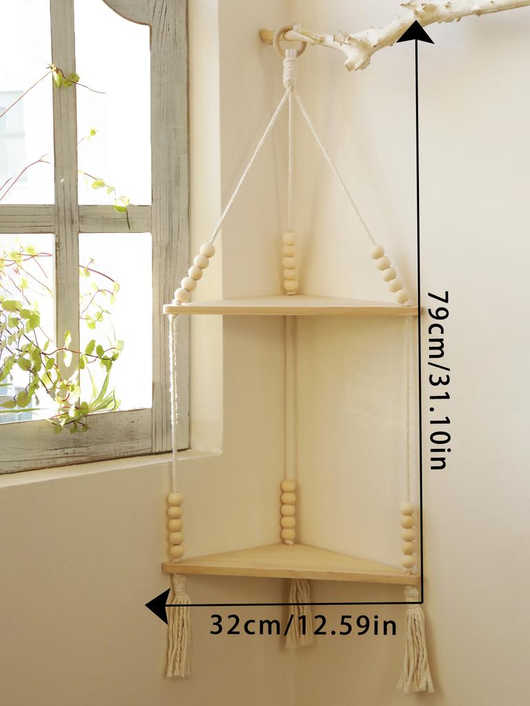 1/2/3-Layers Corner Shelf Wood Display Stand Boho Home Decoration Pastoral Style Macrame Handmade Floating Shelves Living Room