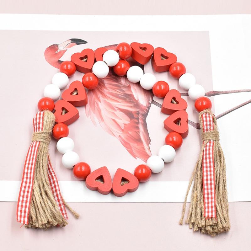 1pc Hemp Rope Tassel Bead Ornament, Heart Wood Bead Flower Ring Bead String, Wedding Decoration Hanging, Home Decoration