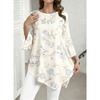 Plus Size, Plus Size Women Round Neck 3/4 Flared Sleeve Tunic Top, White Base Light Blue Floral Green Leaf Irregular Hem Casual Blouse