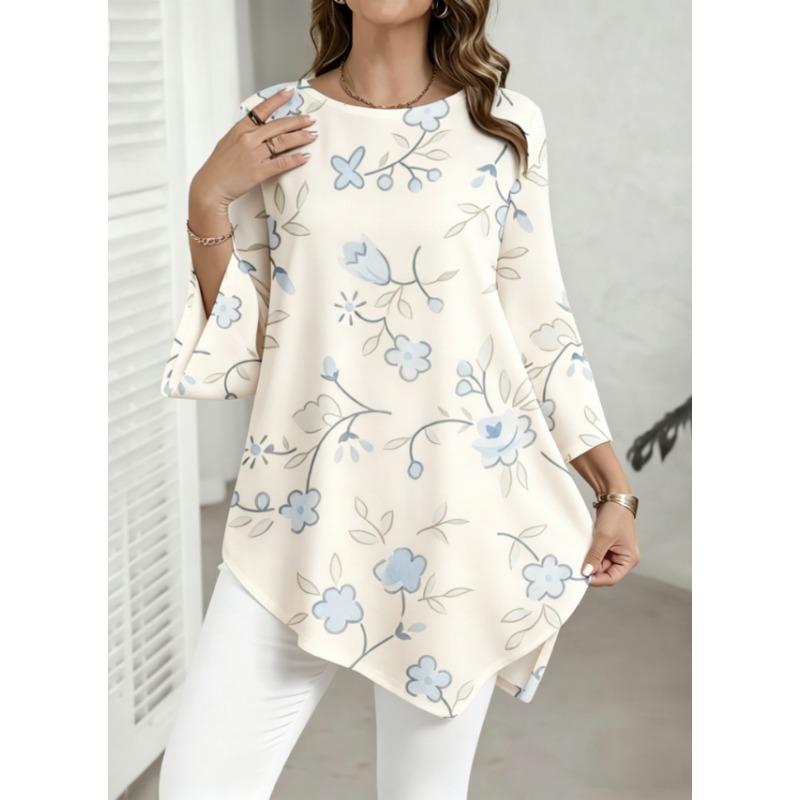 Plus Size, Plus Size Women Round Neck 3/4 Flared Sleeve Tunic Top, White Base Light Blue Floral Green Leaf Irregular Hem Casual Blouse