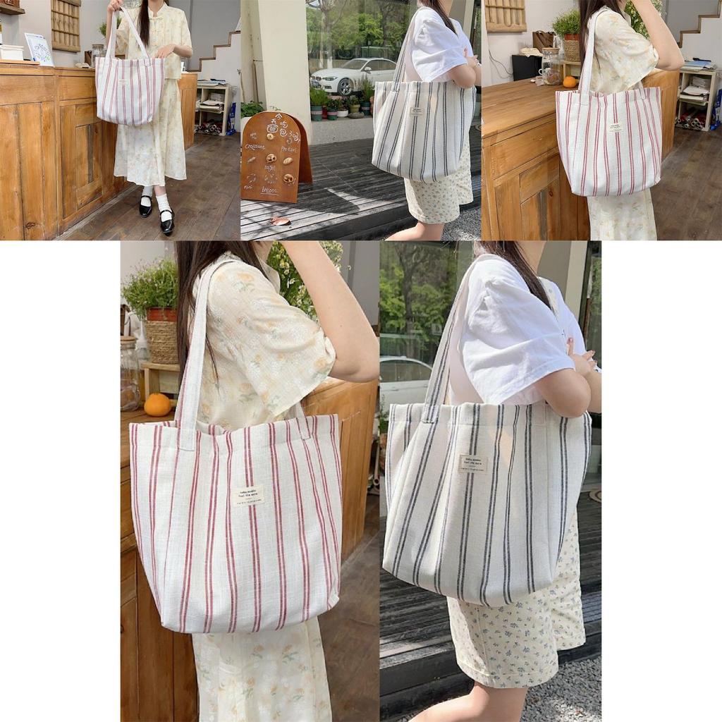 Fashionable Korean Large Capacity Striped Canvas Tote Bag For Spring Summer