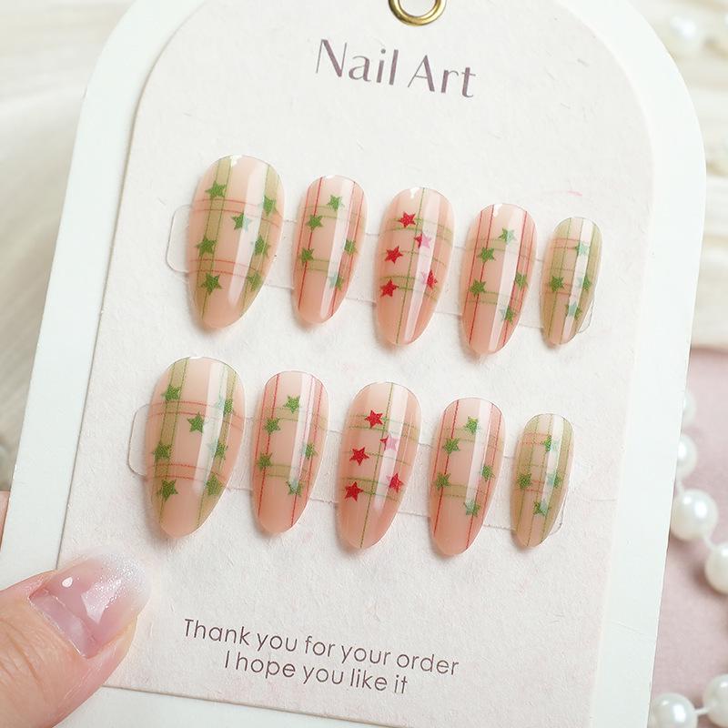 

24 pcs High-Quality Cat Eye Grid Star Almond Christmas Manicure Tips - Ready Stock