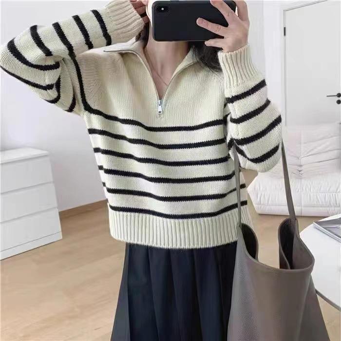 Women's 100% Pure Wool Striped Sweater, Half-Open Collar, Loose Fit, Autumn/Winter Versatile Cashmere Pullover.